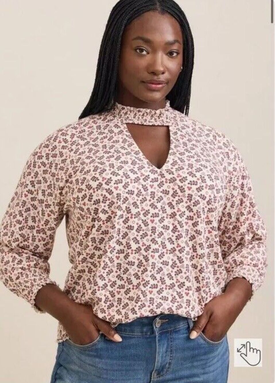 Torrid 2X Ivory Floral Long Sleeve Top Keyhole Choker Smocked Feminine Boho Cute